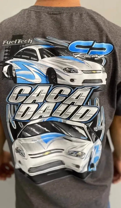 Charcoal t-shirt with blue and white race car graphics and bold "Caca Daud" text on the back.