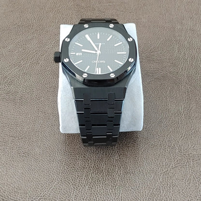 Seiko NH35 Royal Oak-style 41mm watch with black dial, silver hour markers, and black metal bracelet.