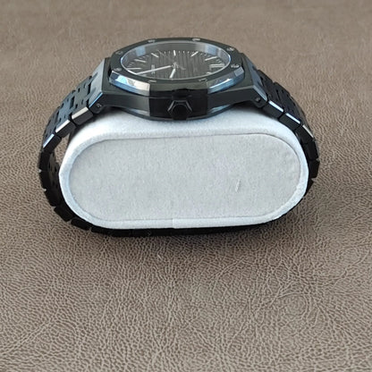 Seiko NH35 Royal Oak 41mm watch with black dial, silver hour markers, and black stainless steel bracelet.