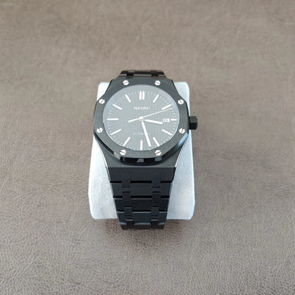 Seiko NH35 Royal Oak 41mm watch with black dial, silver hour markers, black bezel with screws, and black metal bracelet.