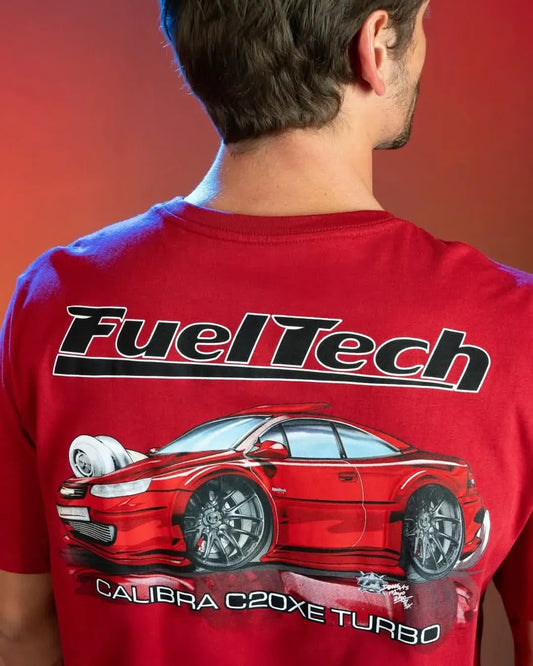 Red FuelTech t-shirt featuring a detailed red Calibra C20XE Turbo car graphic and bold FuelTech logo on the back.