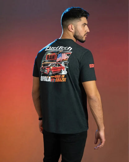 Black t-shirt with colorful FuelTech and Anderson Dick Chevrolet Opala racing graphic on the back and red logo on the sleeve.