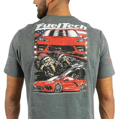 Gray t-shirt with colorful graphic of a red Corvette C8 and engine parts, FuelTech logo above.