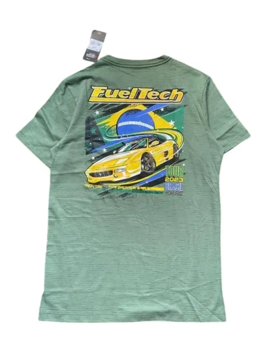 Green t-shirt with yellow Ferrari F355 and FuelTech logo graphic on the back.