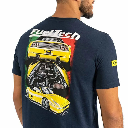 Navy blue t-shirt with colorful Ferrari F355 graphics and FuelTech logo on the back and yellow patch on sleeve.