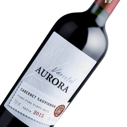 Aurora Varietal Cabernet Sauvignon 2015 red wine bottle with white label and maroon foil capsule.
