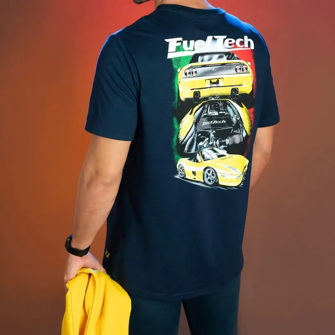 Navy blue short-sleeve t-shirt with colorful graphic of yellow Ferrari F355 and "FuelTech" logo on back.
