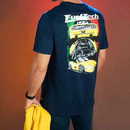 Navy blue short-sleeve t-shirt with colorful graphic of yellow Ferrari F355 and "FuelTech" logo on back.