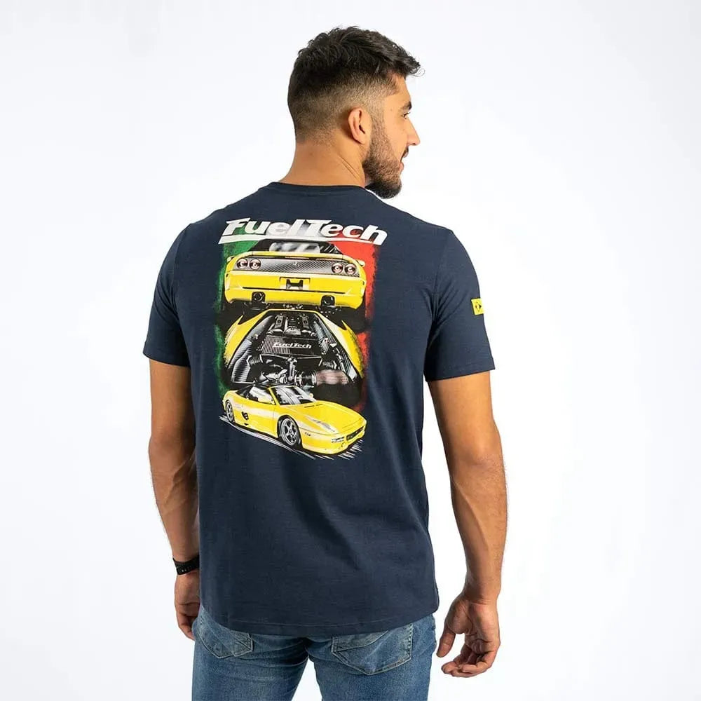 Navy blue t-shirt with FuelTech Anderson Dick Ferrari F355 graphic in yellow, red, and white on the back.
