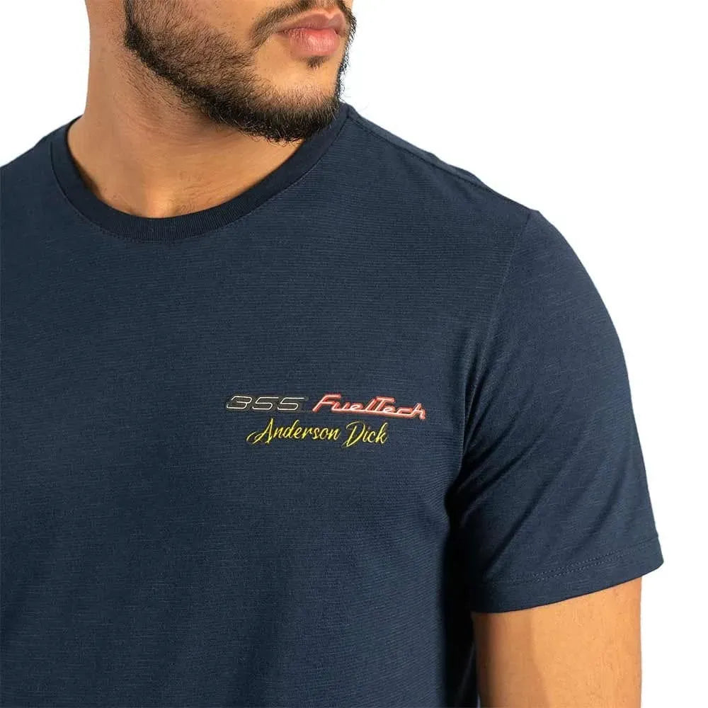 Navy blue t-shirt with yellow and red "355 FuelTech Anderson Dick" text on chest.