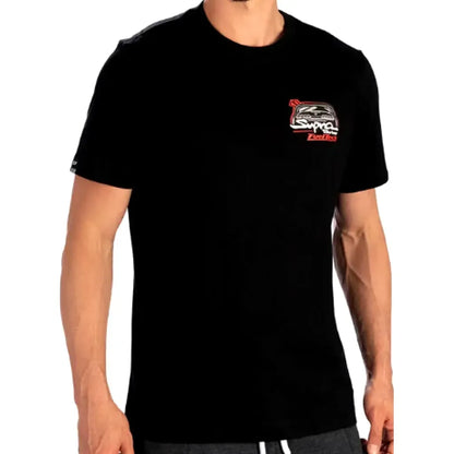 Black crew neck t-shirt with small white and red FuelTech Anderson Dick Supra logo on left chest.