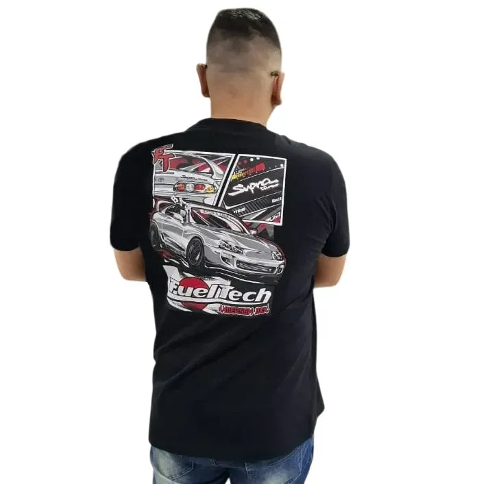 Black t-shirt with a detailed graphic of a Toyota Supra and FuelTech logo on the back.