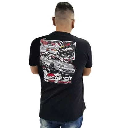Black t-shirt with a detailed graphic of a Toyota Supra and FuelTech logo on the back.