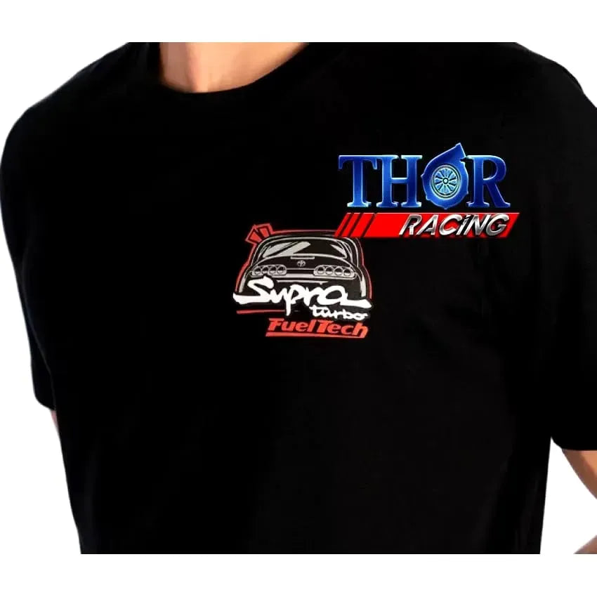 Black cotton T-shirt with Thor Racing logo in blue and red, featuring a white and red Supra FuelTech car graphic on the.