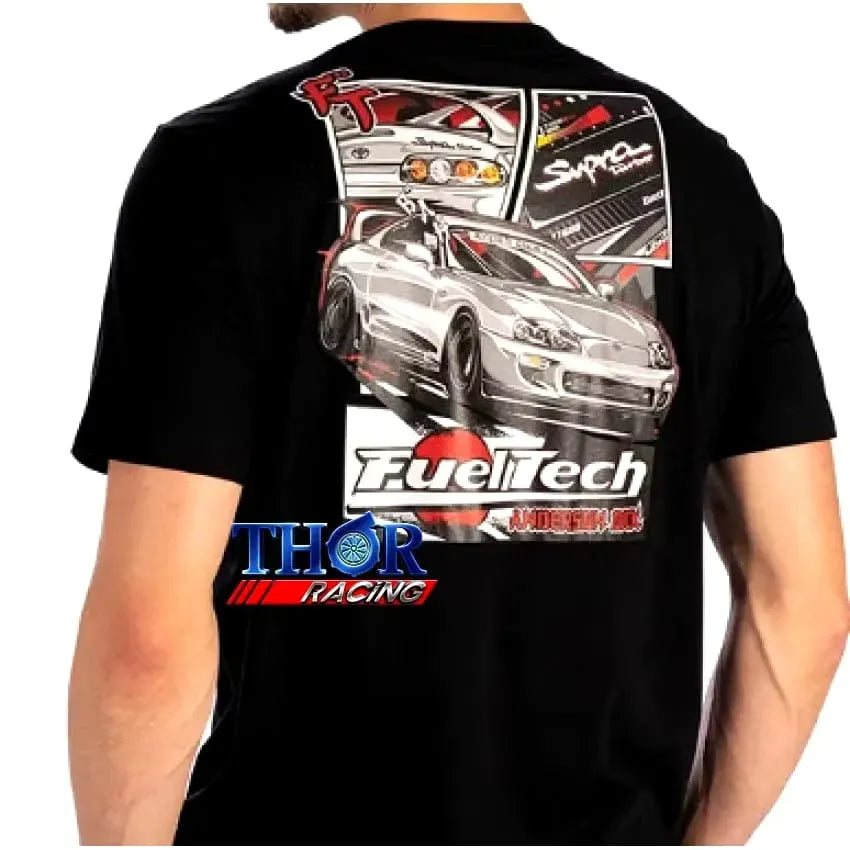 Black t-shirt featuring a detailed graphic of a silver sports car with FuelTech and Thor Racing logos on the back.