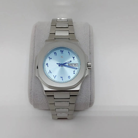 40mm silver stainless steel watch with ice blue dial and Arabic numerals, day-date display, metal link bracelet.