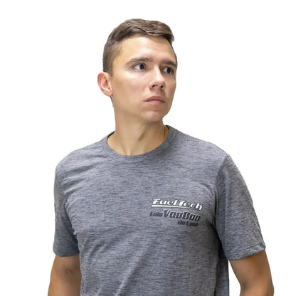 Heather gray crewneck t-shirt with white FuelTech Luis VooDoo Deleon logo on left chest.
