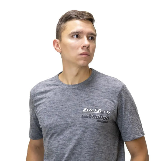Heather gray crewneck t-shirt with white FuelTech Luis VooDoo Deleon logo on left chest.