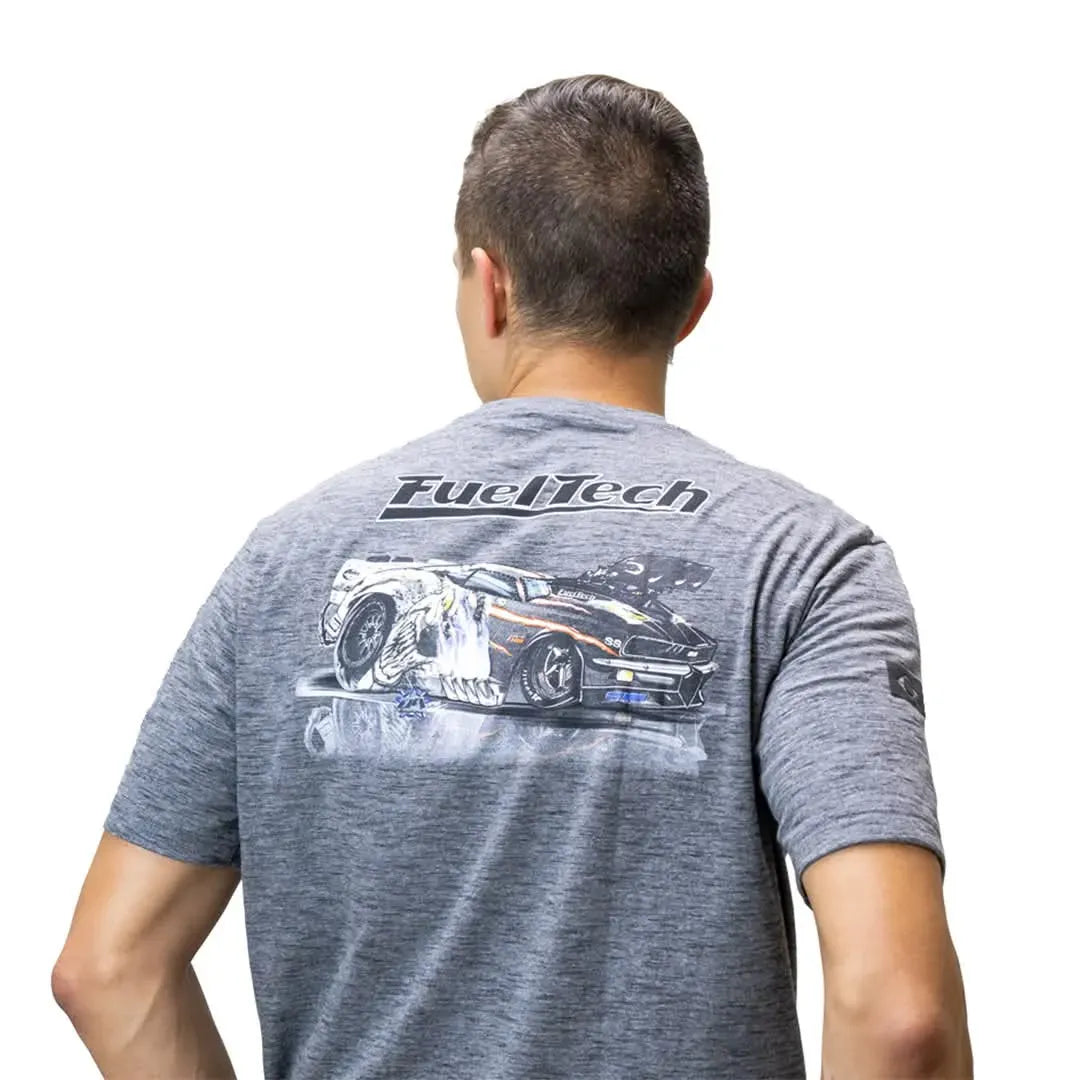 Heather gray short-sleeve tee with FuelTech logo and detailed race car graphic on back.