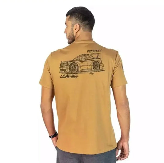 Tan t-shirt with black sketch of a racecar and "FuelTech" text on the upper back.