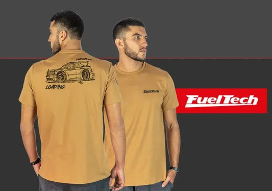 Tan short-sleeve t-shirt with black FuelTech logo on chest and detailed Mercedes 190FT Evo II Turbo sketch on back.