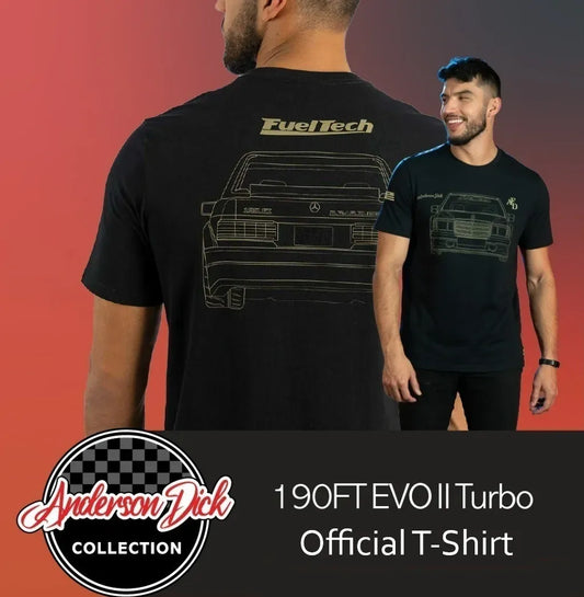 Black t-shirt with gold outline of a Mercedes 190FT Evo II Turbo on front and back, FuelTech logo on back collar.