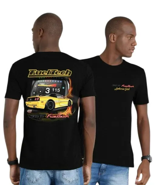 Black T-shirt featuring yellow Ferrari F355 graphic and Fueltech logo on the back, small red and yellow text on the front.