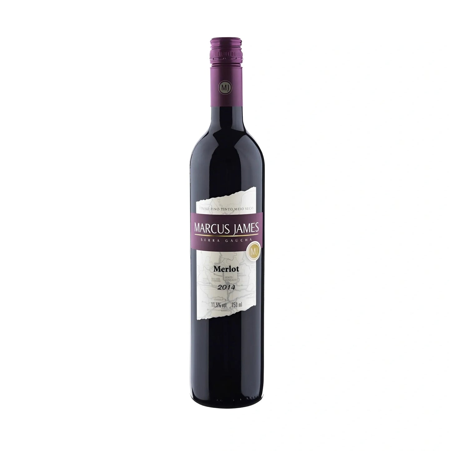 750ml dark glass bottle of Marcus James Reserved Demi-Sec Merlot wine with purple foil capsule and white label.