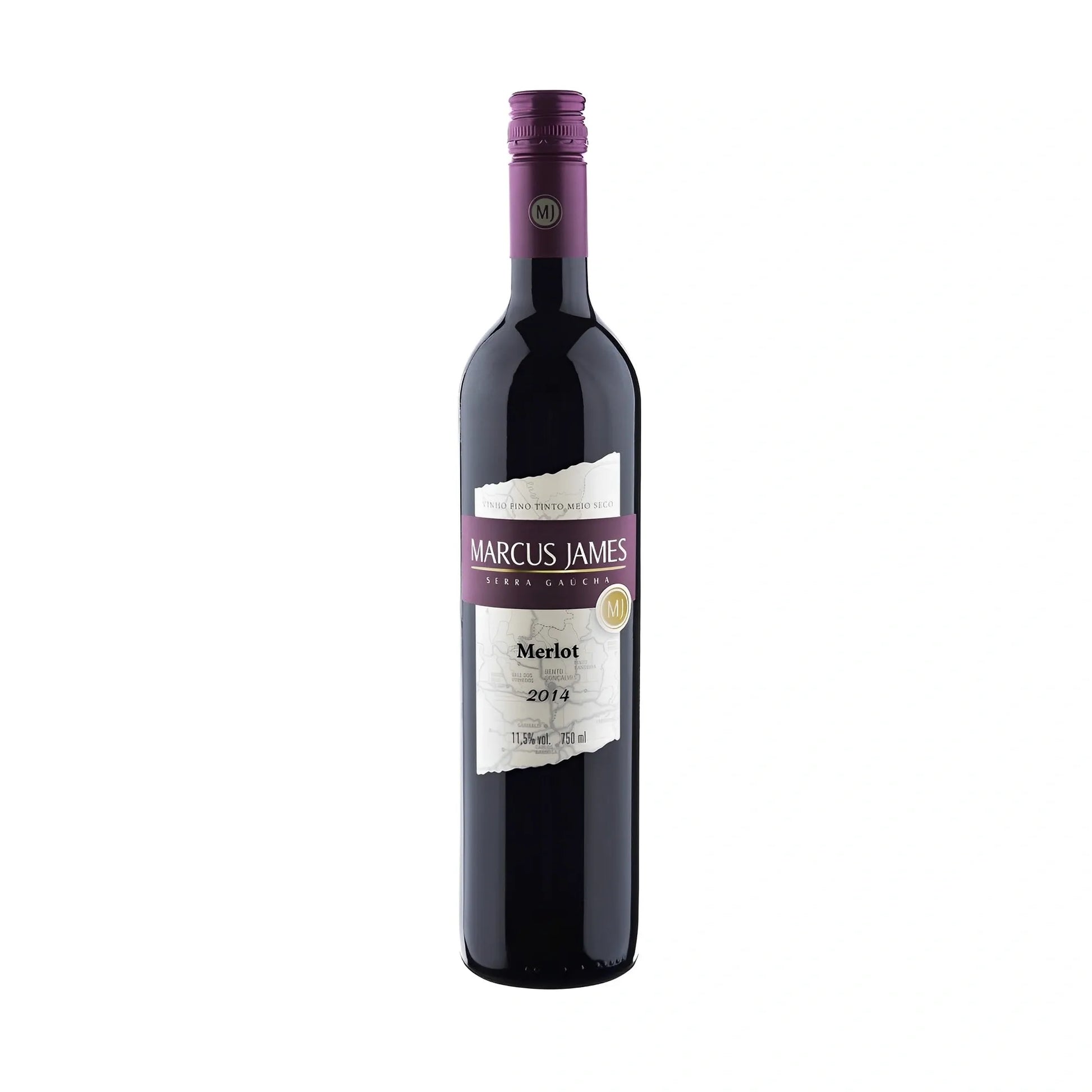 750ml dark glass bottle of Marcus James Reserved Demi-Sec Merlot wine with purple foil capsule and white label.