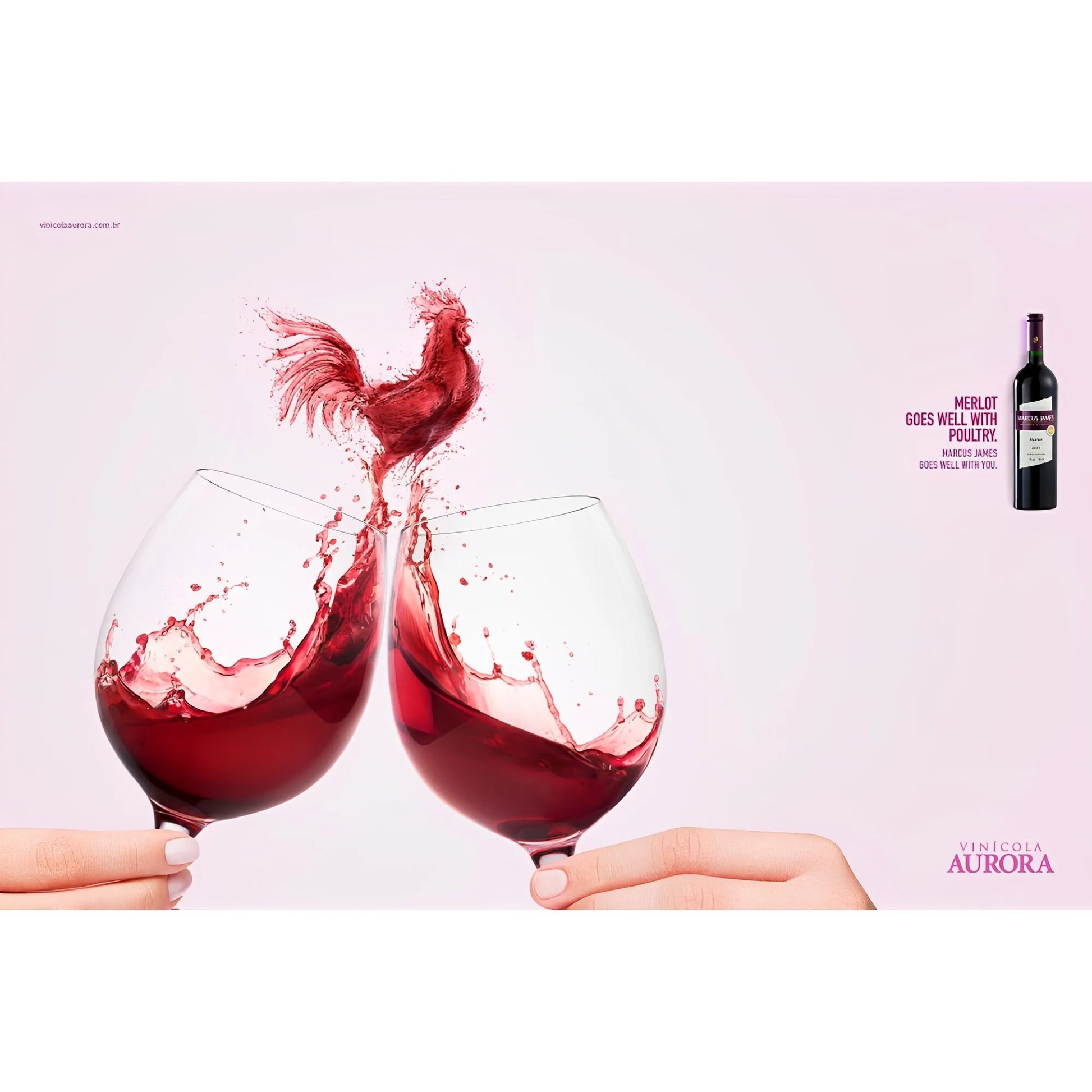 Two clinking wine glasses with red wine splashing upward forming a rooster shape against a light background.