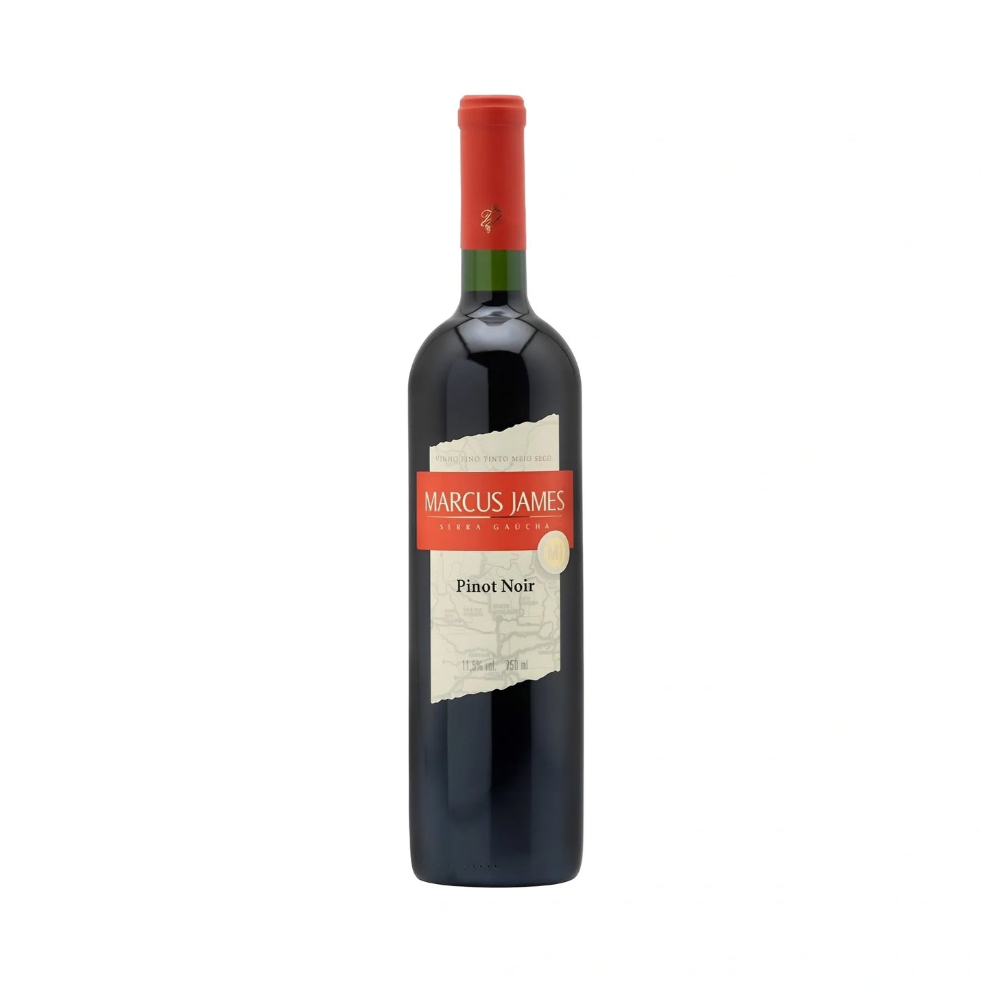 750ml dark glass bottle of Marcus James Reserved Demi-Sec Pinot Noir wine with red and beige label and red foil capsule.