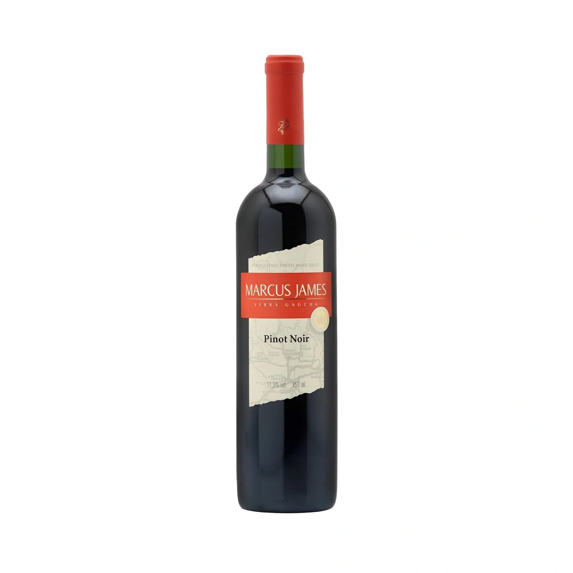 750ml dark glass bottle of Marcus James Reserved Demi-Sec Pinot Noir wine with red and beige label and red foil capsule.