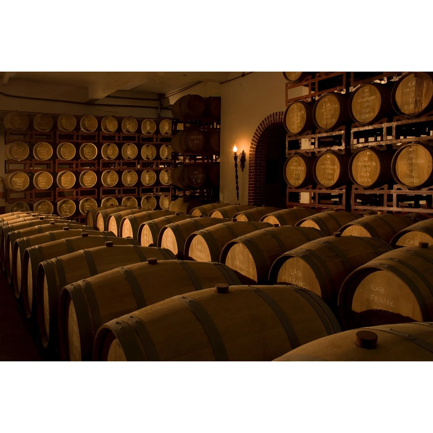 Dimly lit wine cellar filled with stacked oak barrels arranged in rows against rustic walls.