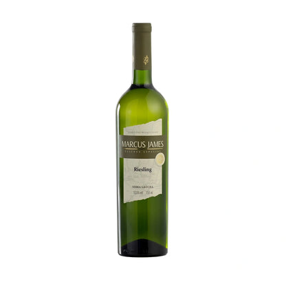 Marcus James Reserved Riesling white wine bottle with olive green foil and cream label.