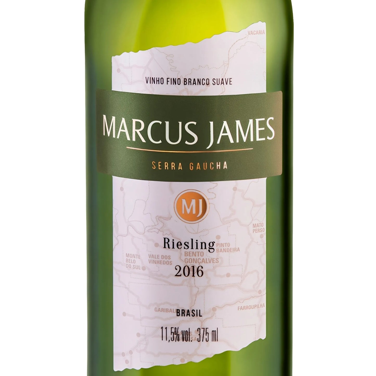 Green glass bottle of Marcus James Riesling white wine with white and olive green label, 2016 vintage, 750ml size.