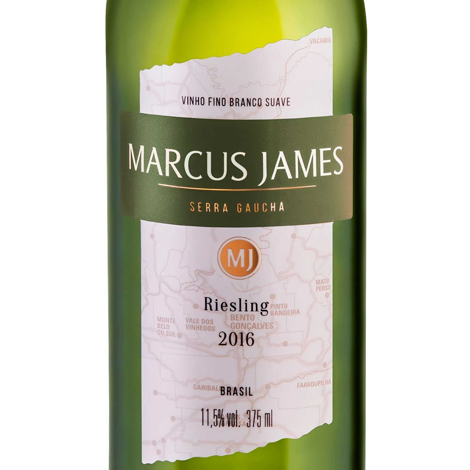 Green glass bottle of Marcus James Riesling white wine with white and olive green label, 2016 vintage, 750ml size.