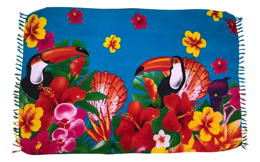 Canga Tucanos com Flores - Toalha de Praia Brasileira
