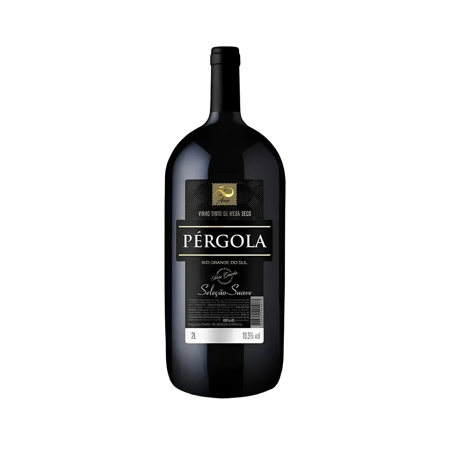 Tall dark glass bottle of Pérgola dry red wine with black and gold label, 2 liters volume.