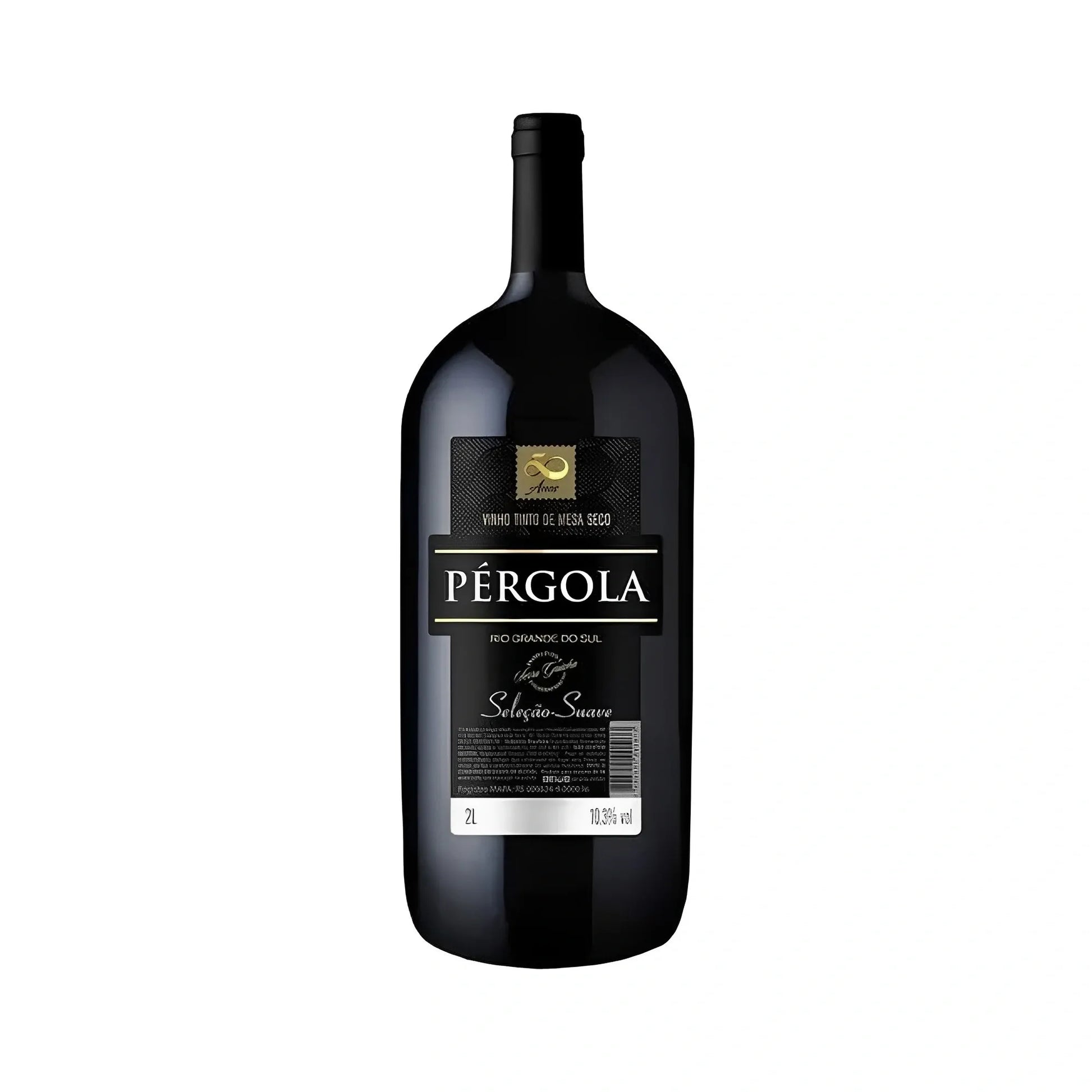 Tall dark glass bottle of Pérgola dry red wine with black and gold label, 2 liters volume.