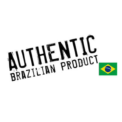 Brazilian flag with "Authentic Brazilian product" black stamp text on white background.