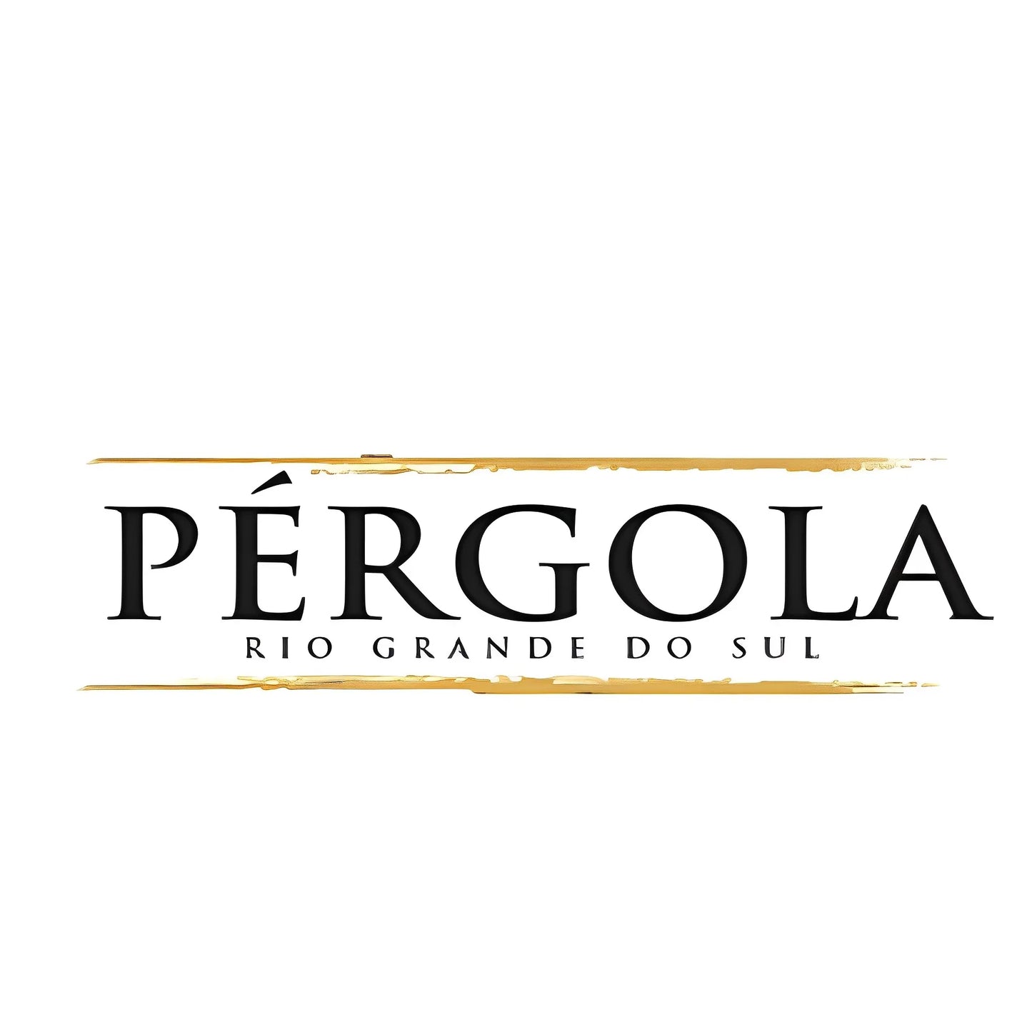 Pérgola Rio Grande do Sul wine label with black serif text and gold brushstroke accents on white background.
