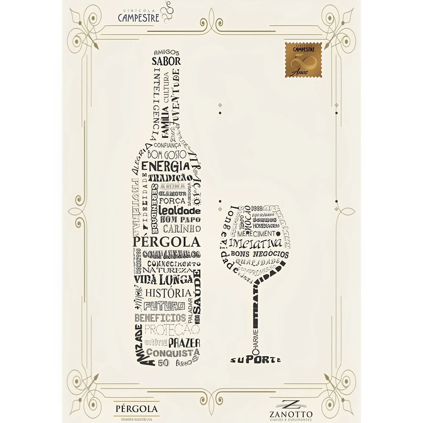 Wine bottle and glass illustration with vintage typography on cream background.