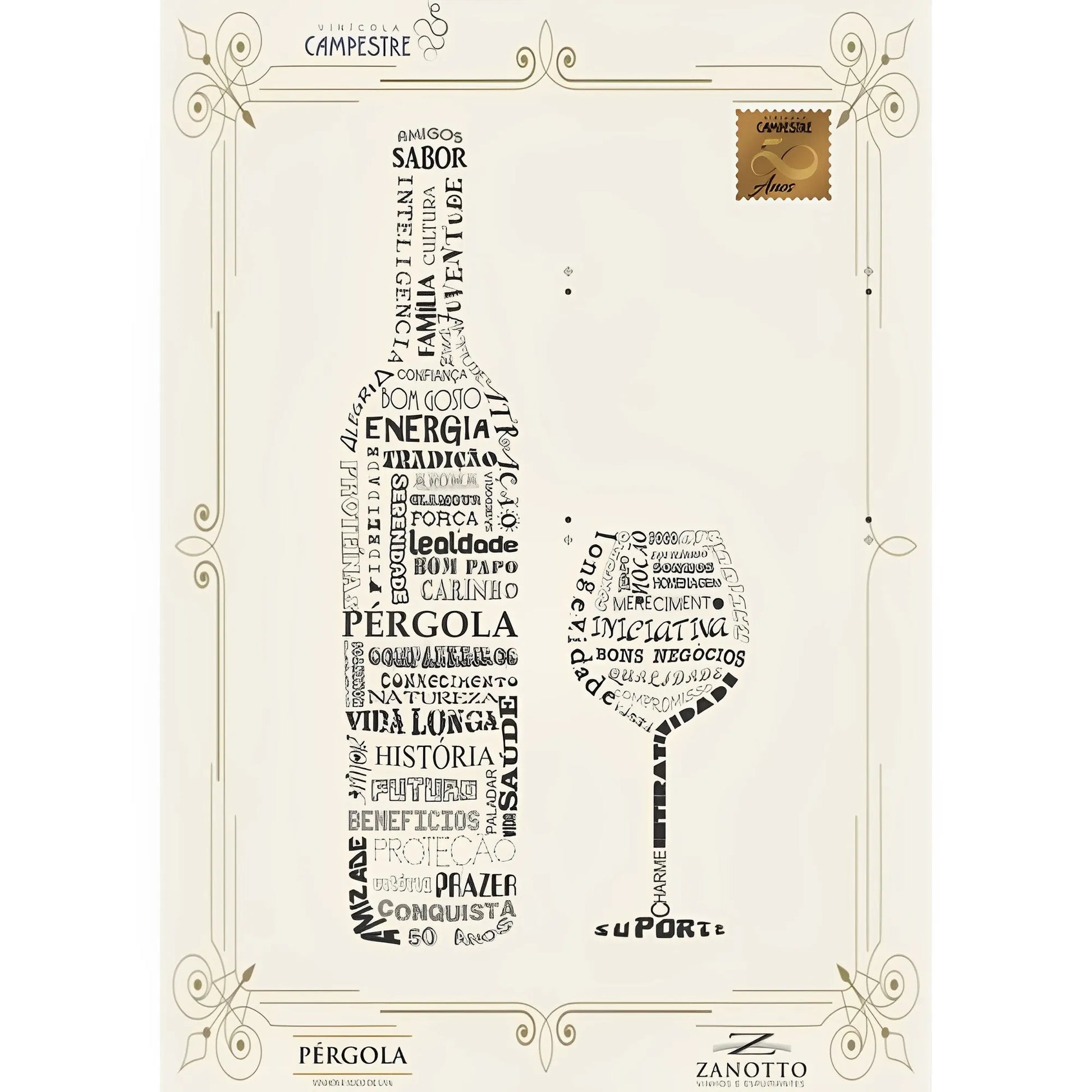 Wine bottle and glass illustration with vintage typography on cream background.
