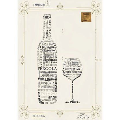 Wine bottle and glass illustration with vintage typography on cream background.