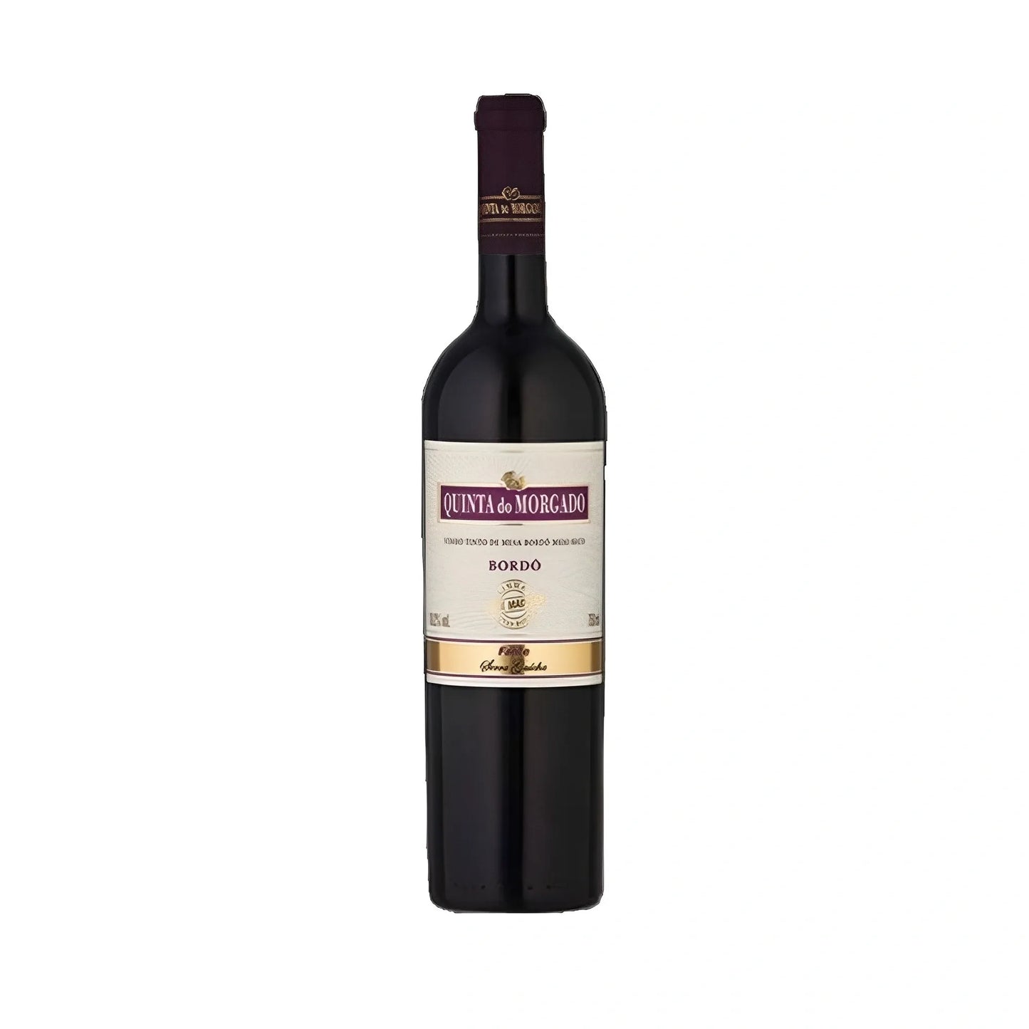 750ml dark glass bottle of Quinta do Morgado Demi-Sec Burgundy wine with cream label and dark red foil capsule.
