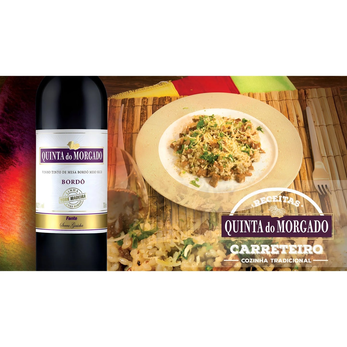 Bottle of Quinta do Morgado Demi-Sec Burgundy wine 750ml with a plate of creamy risotto garnished with herbs.