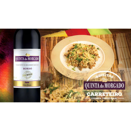 Bottle of Quinta do Morgado Demi-Sec Burgundy wine 750ml with a plate of creamy risotto garnished with herbs.