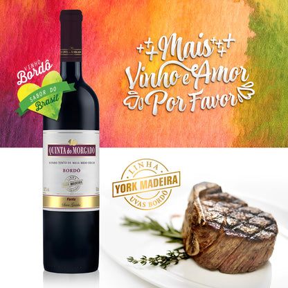 Quinta do Morgado Demi-Sec Burgundy wine bottle with steak on wooden board and colorful background.