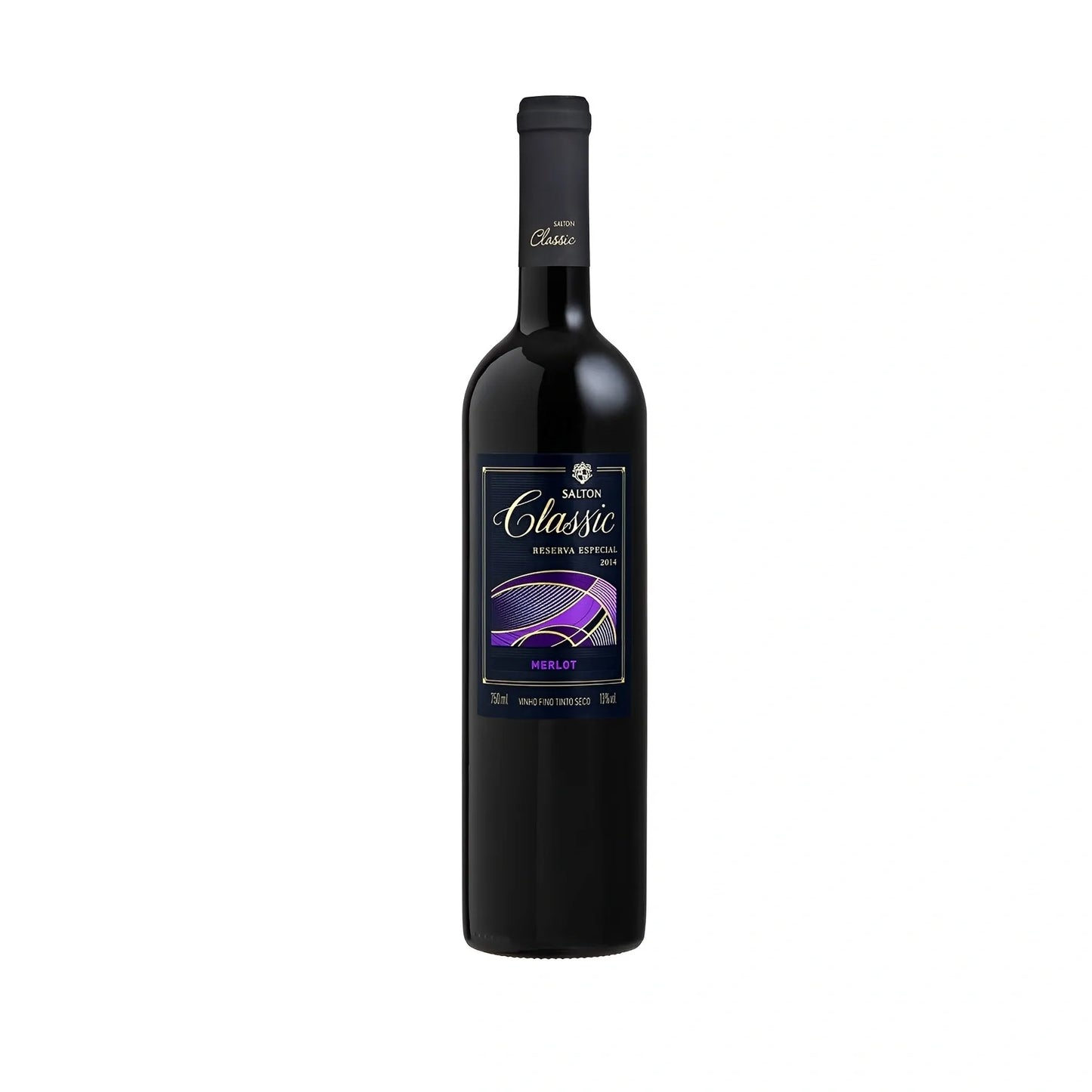 750ml dark glass bottle of Salton Classic Merlot red wine with black and purple label.