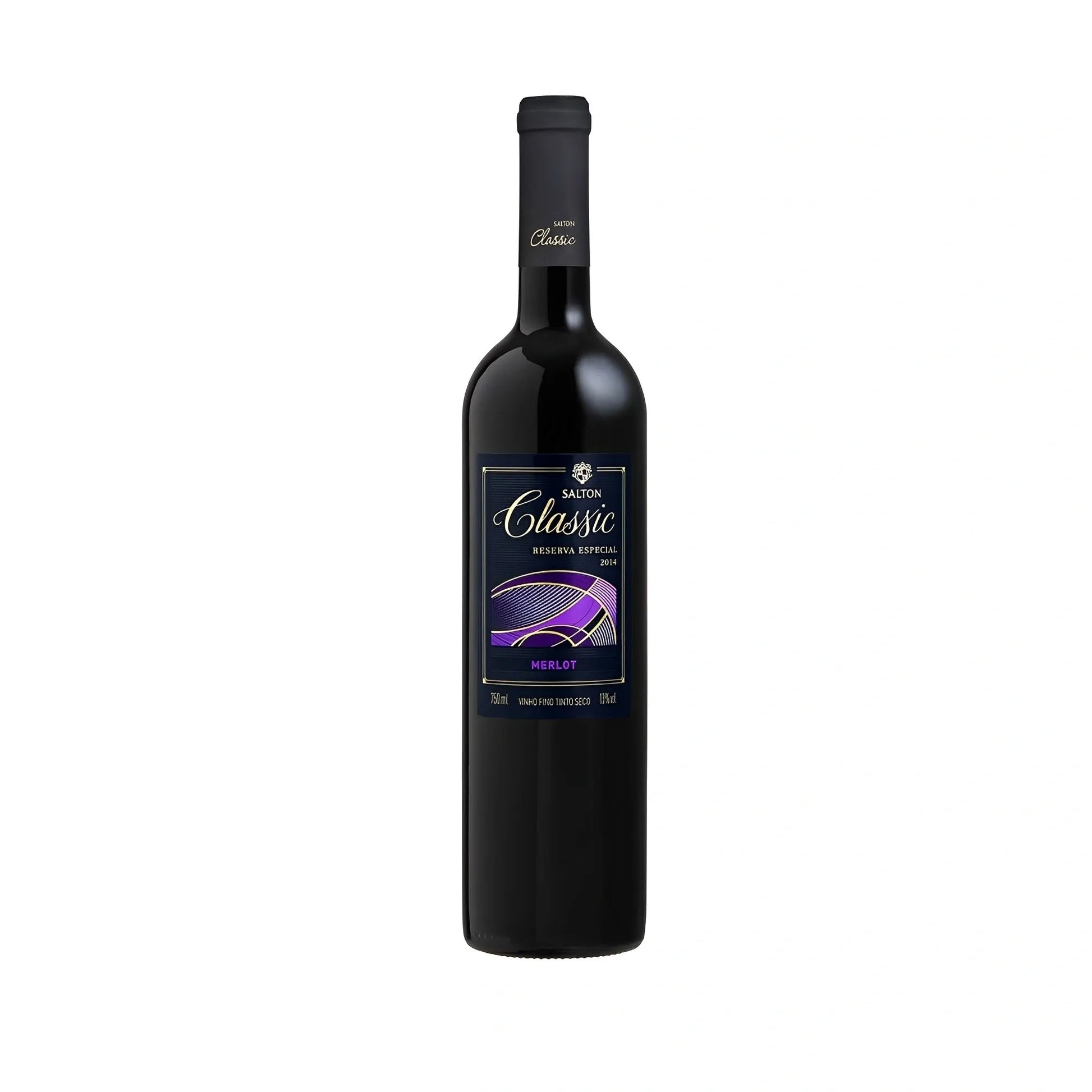 750ml dark glass bottle of Salton Classic Merlot red wine with black and purple label.